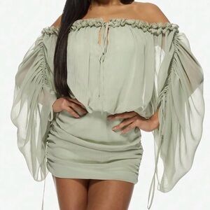 Missguided Plus Green Off Shoulder Blousson Ruffle Mini Bardot Dress Size 3XL